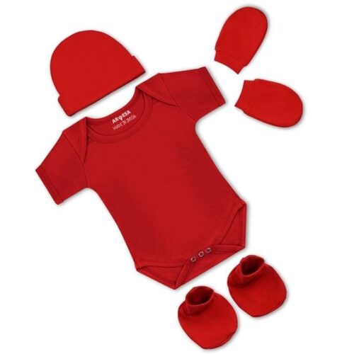 ARVESA Pack of 4 New born Baby Essentials – Cotton Romper, Cap, Booties and Mittens