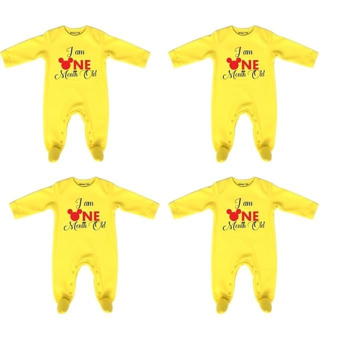 I Am One Month Old Baby Jumpsuit,New Born Baby Customised Name Baby Dress for Girl (Pack of 4) -